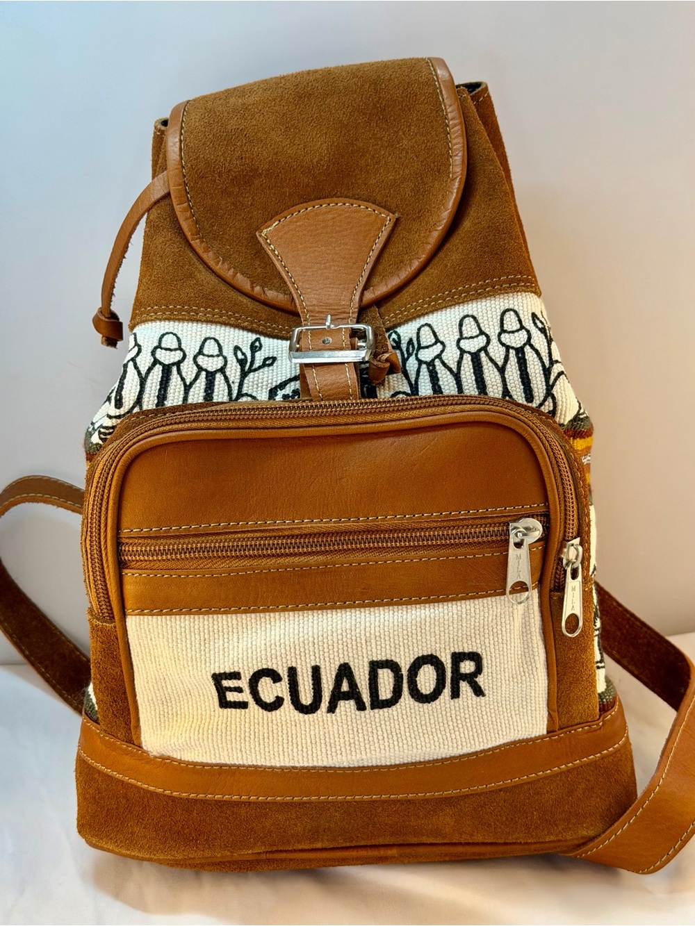 Brown Suede Ecuadorian Tapestry Backpack with Leather Straps